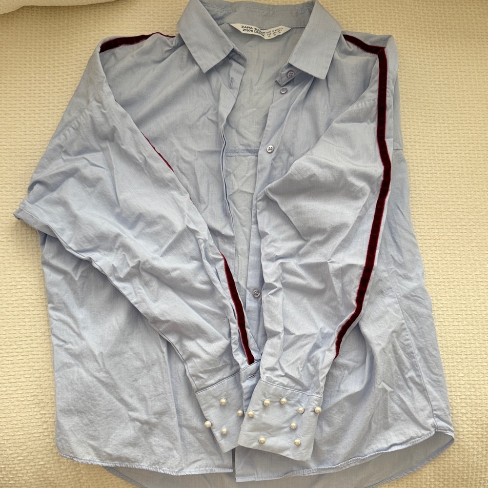 Zara Light Blue Shirt with Red Trim